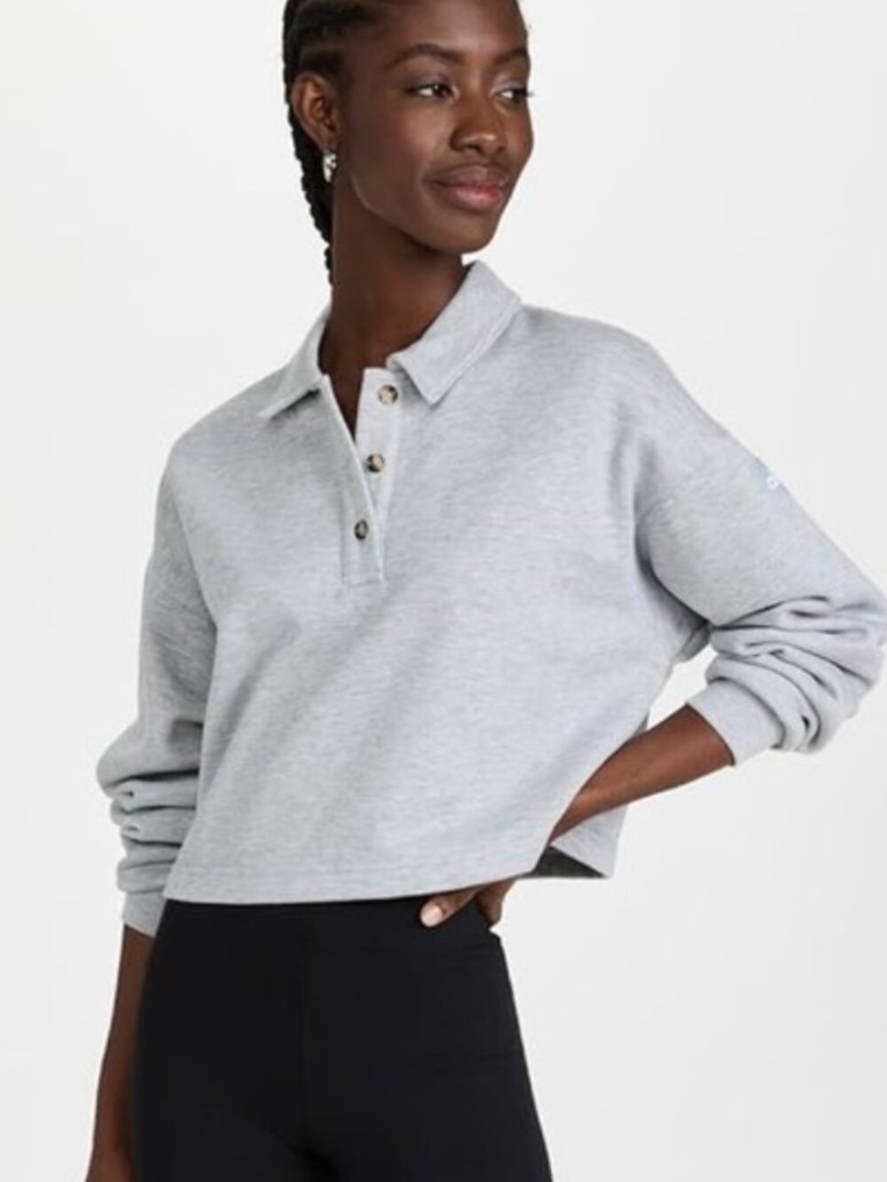 Alo Cropped Polo Quarter Button Up Long Sleeve Sweater Pullover Sweatshirt Grey